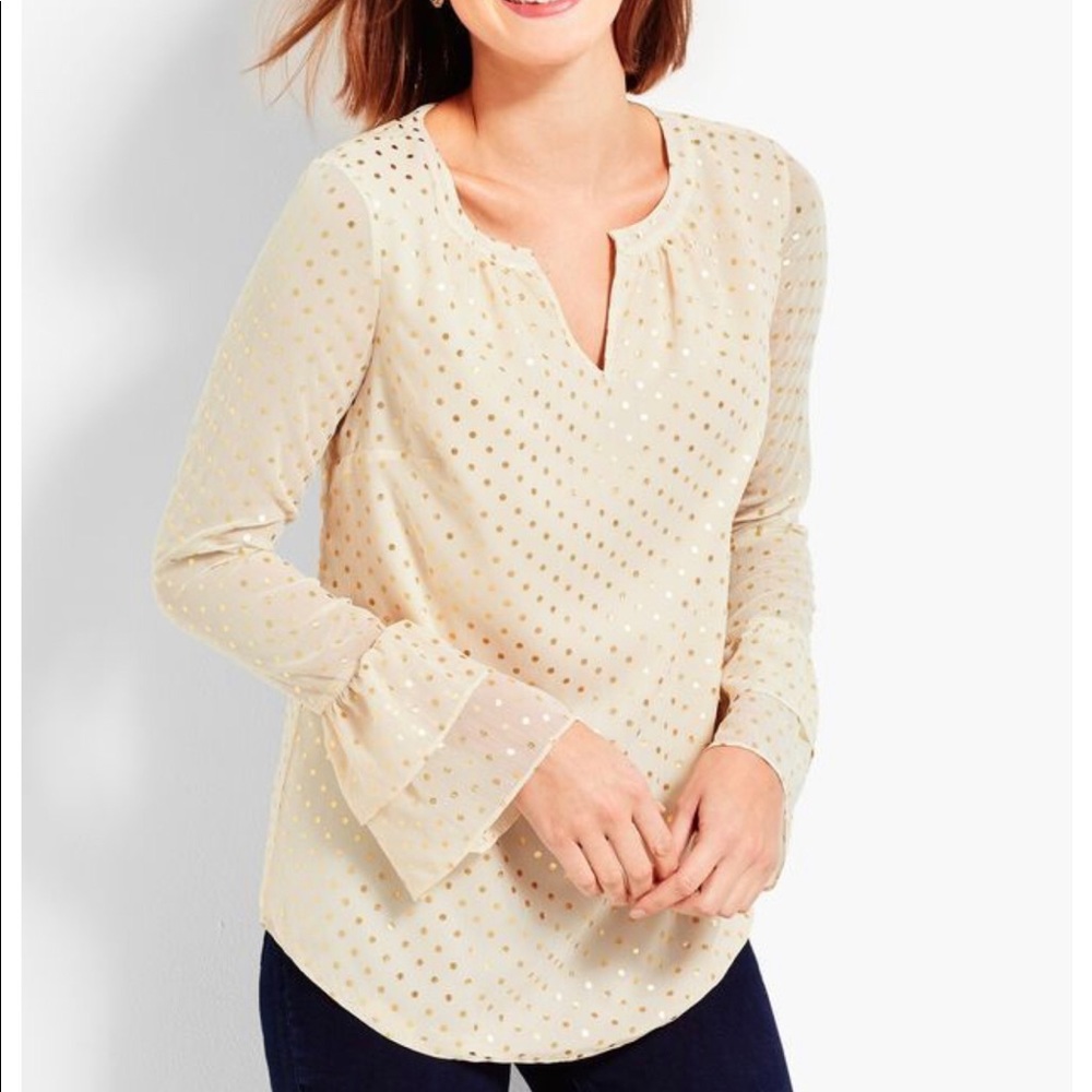 Talbots Shimmering Gold Polka Dot Popover Blouse